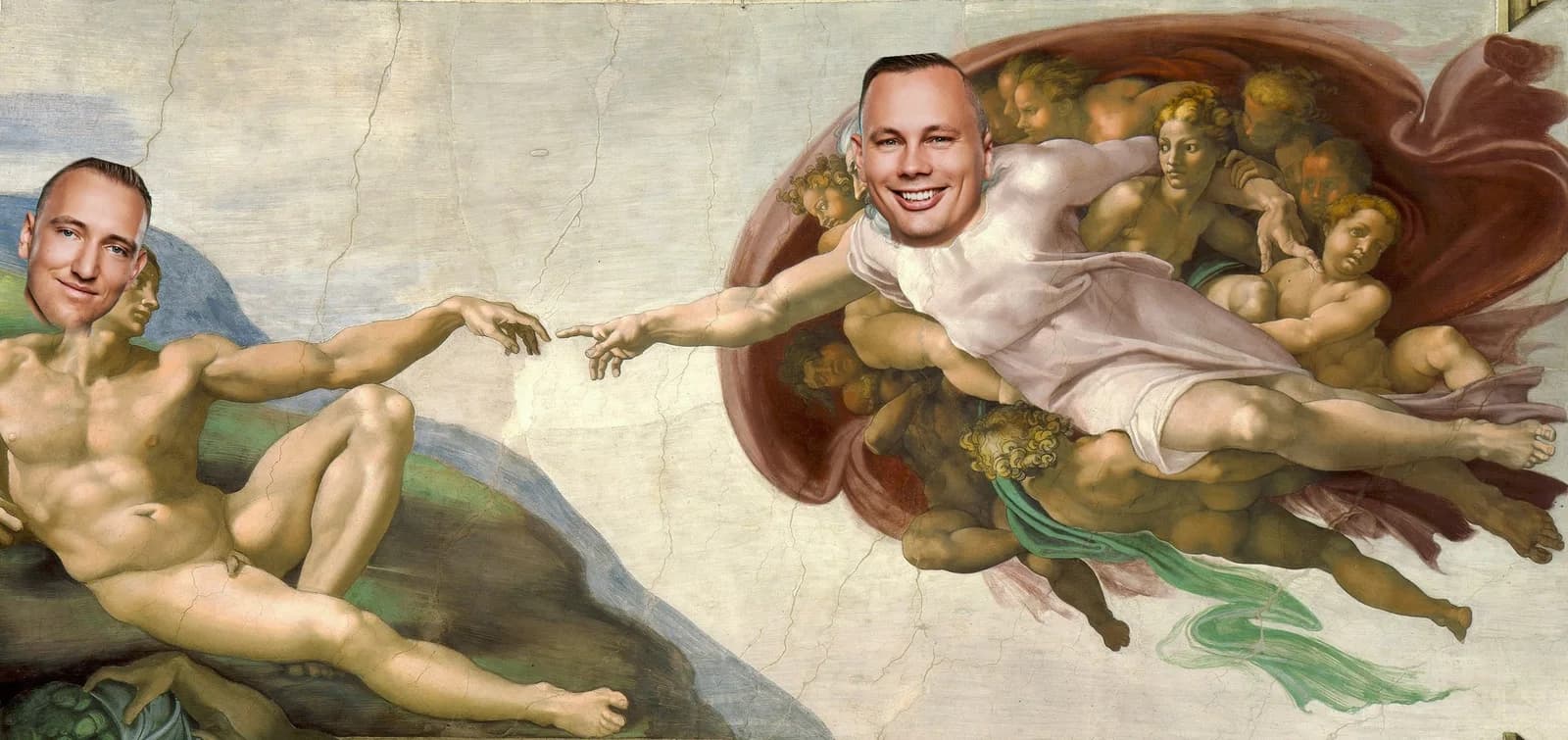 Stvoření Adama, jen s Petrem a Honzou